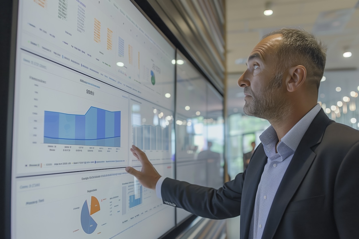 Business Executive Analyzing Financial Data on Screen Focused business executive analyzes comprehensive financial data displayed on a large interactive screen in a modern office