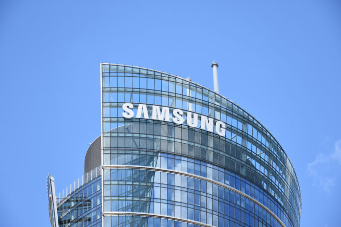 Samsung sign logo emblem on the facade of the Samsung Electronics skyscraper tower WARSAW POLAND - MAY 15 2021 epic games, samsung, auto blocker