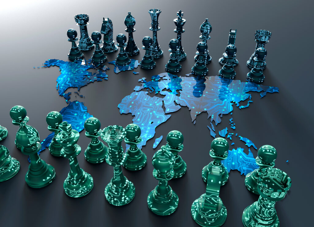 digital world map chess board with chess play - ForexMag.cz Geopolitika, napětí, geopolitické, investice, investor, vliv, konflikty