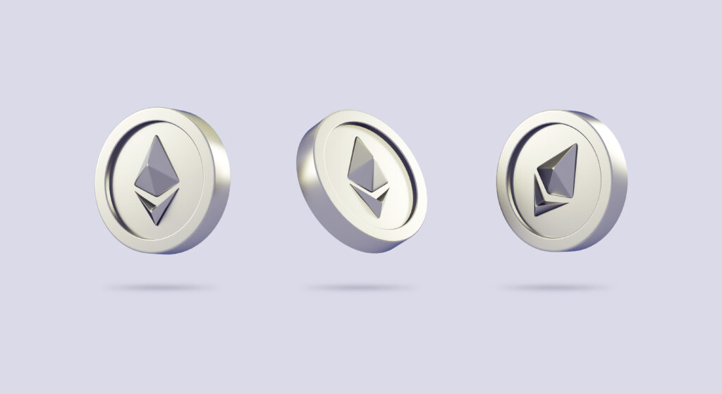 Valencia Spain - August 2022 Various ethereum ETH silver coins isolated on neutral background in 3D cartoon illustration Cryptocurrency 2p2 exchange and blockchain technology concept - ForexMag.cz ETF, Ethereum