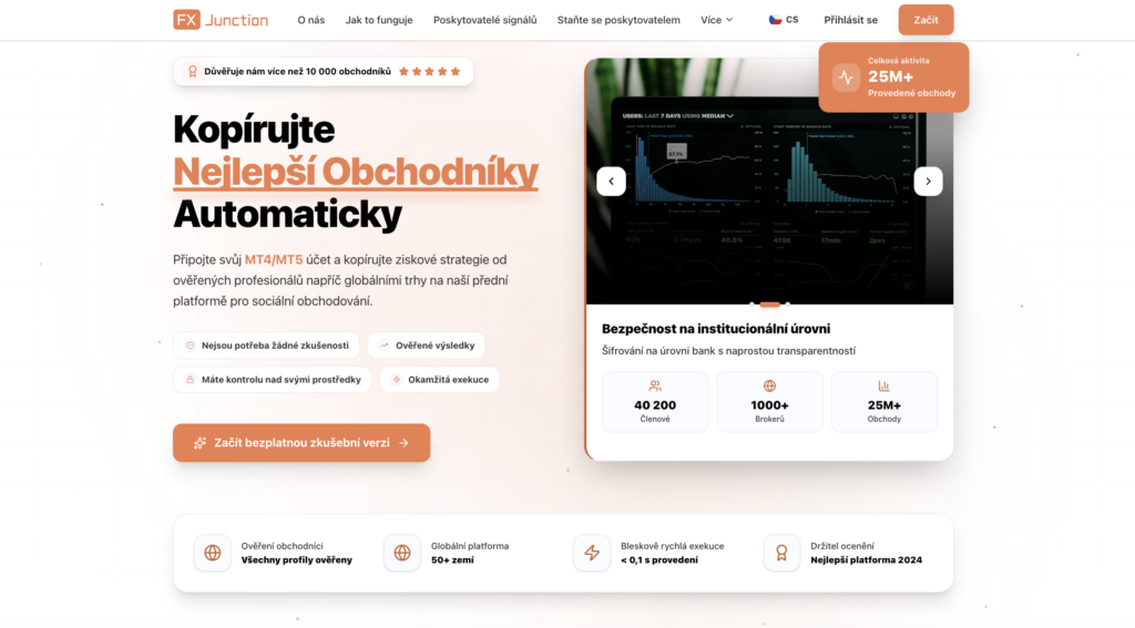 fx junction - ForexMag.cz Hero section of FX Junction in Czech: bold black/orange headline about copying top traders automatically with a dark-on-light layout and orange CTA button.