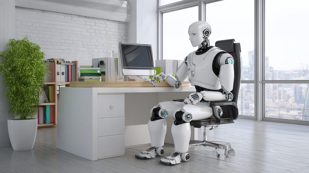 Robot sits at office desk - ForexMag.cz Roboti, AI, Automatizace