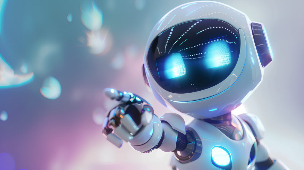 Positive cute robot pointing at a space Copy space ai generated - ForexMag.cz AI
