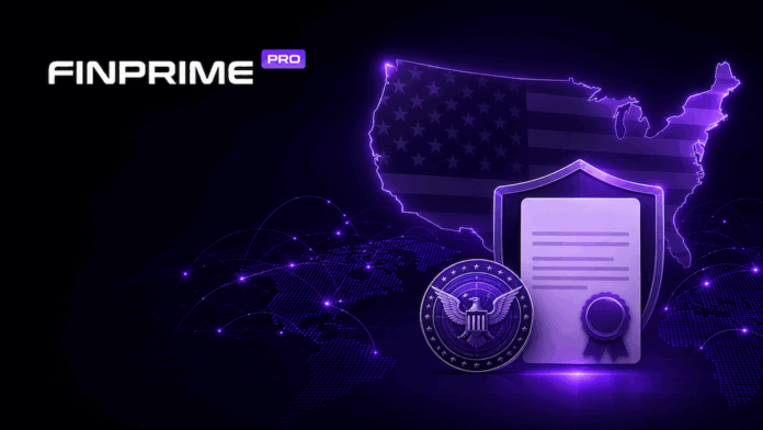 finprime-pro-licence-msb Logo Finprime.pro a americká mapa symbolizující získání licence MSB od regulátora FinCEN pro působení na trhu v USA.