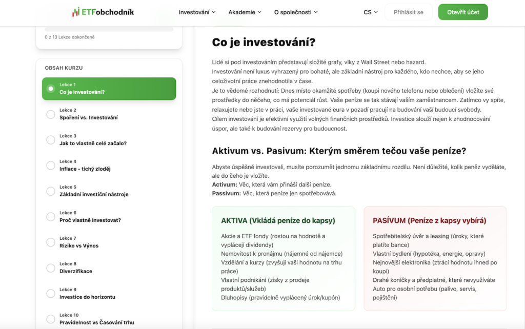 Web page about investing showing a course outline on the left and two comparison cards 'Aktiva' and 'Pasívum' on the right.