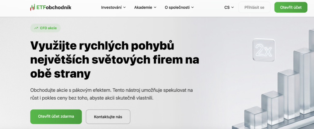 Hero banner promoting CFD trading with a bold Czech headline about leveraging fast moves of major global companies; gradient background and a 3D bar chart on the right.