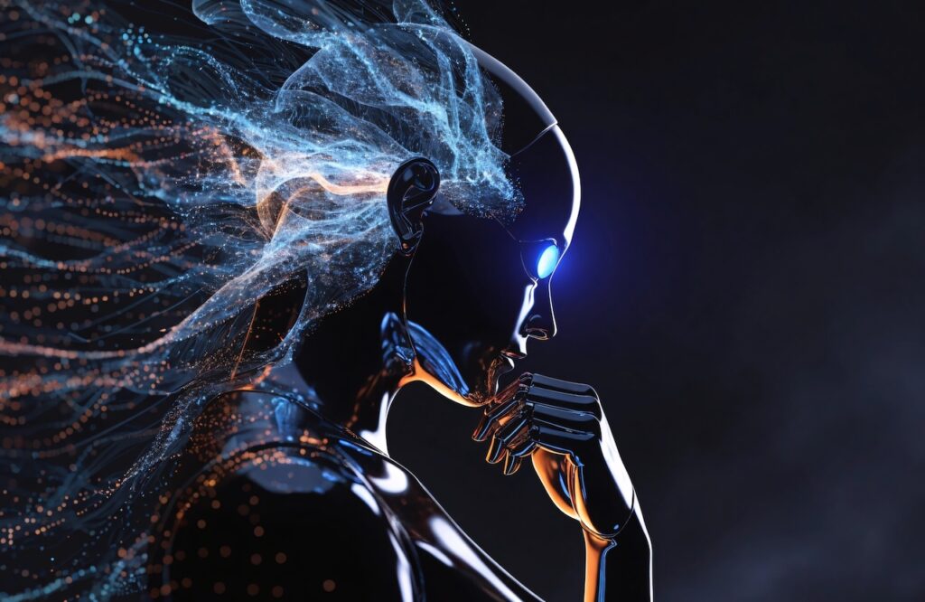 Metallic humanoid robot in profile with a glowing blue eye, chin resting on a hand, hair made of flowing light particles on a dark background.