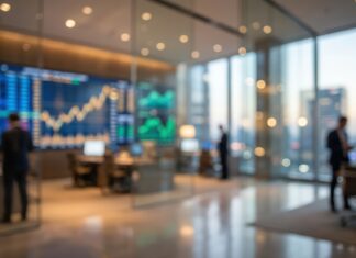 Jak fungují opce na akcie: Průvodce obchody s deriváty pro zajištění portfolia a generování příjmu Blurry trading floor in a modern office with large digital screens and silhouettes of people.