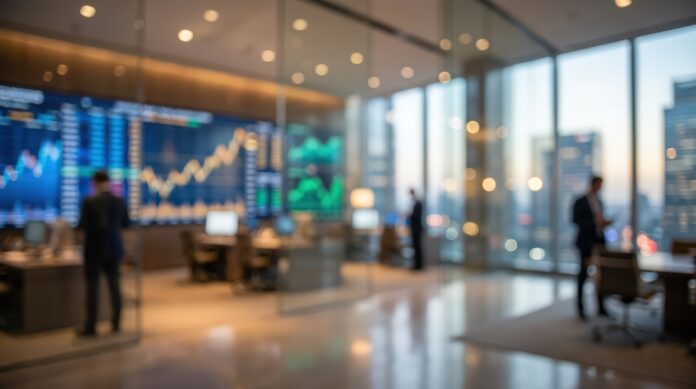 Blurry trading floor in a modern office with large digital screens and silhouettes of people.