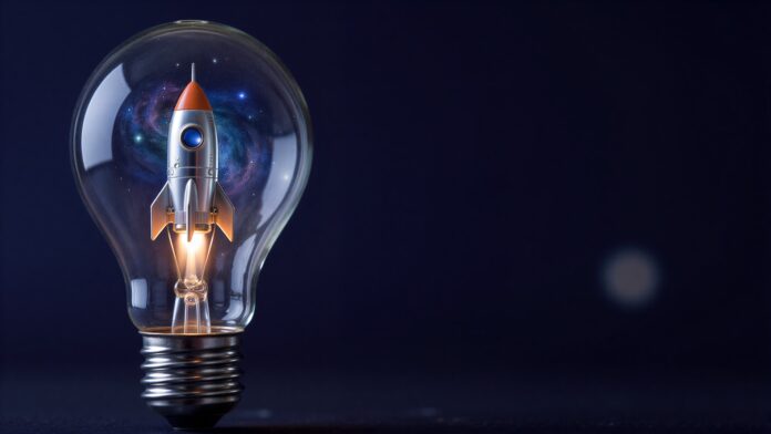 Rocket inside a glass light bulb against a dark background, symbolizing bright ideas and space exploration.