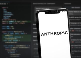 Šéf podniku Anthropic vyzval firmy, aby zpomalily vývoj modelů umělé inteligence Smartphone angled on a blurred code editor background showing the word ANTHROPIC on a white screen.